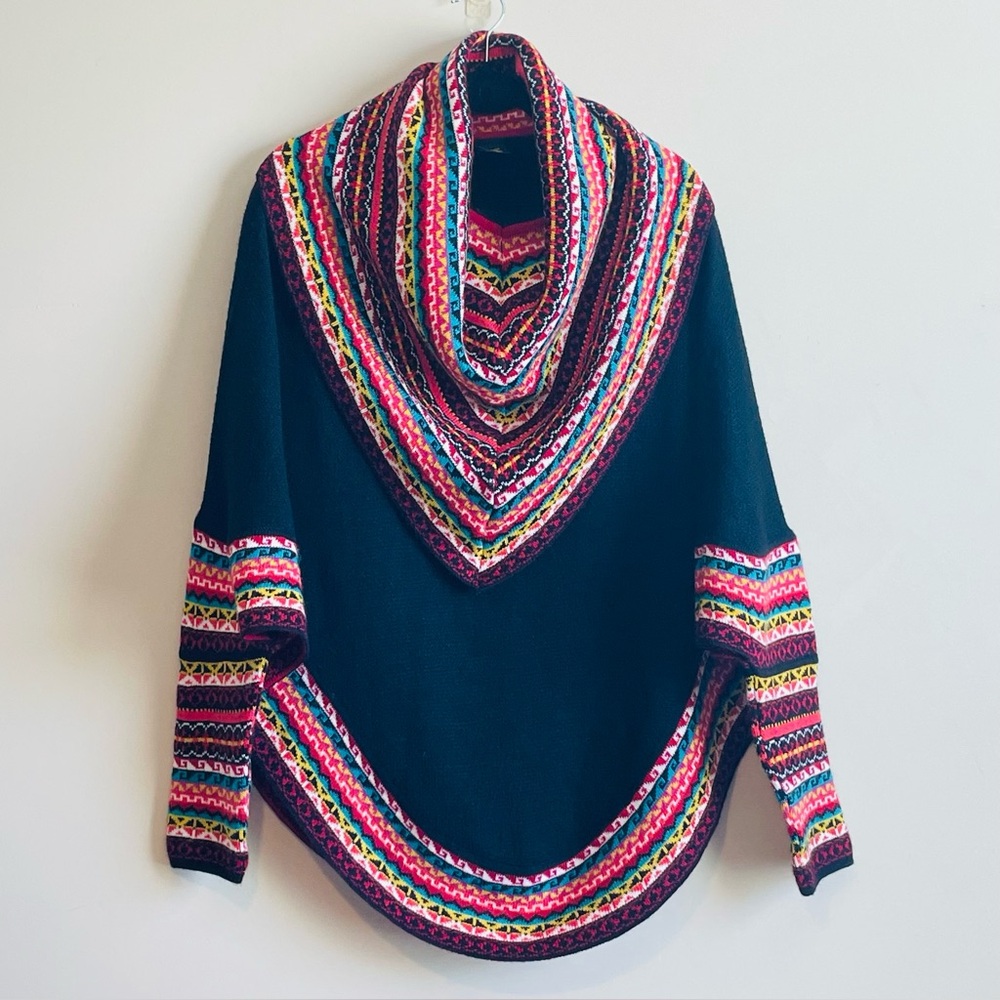 NWOT 100% ALPACA Made in Peru Black Sweater Poncho with Sleeves Multicolored OS